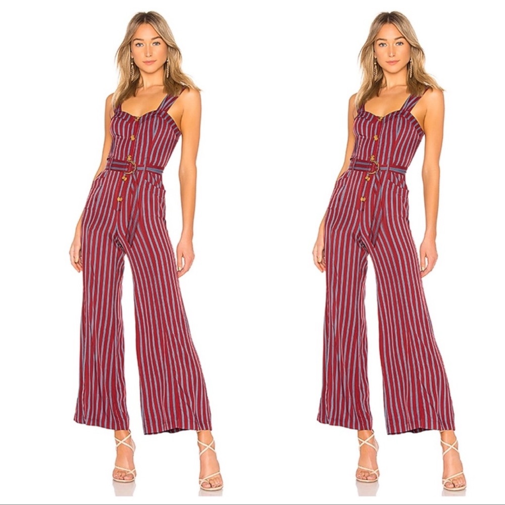 Free People City Girl Striped Jumpsuit In Burgundy Sz. 0